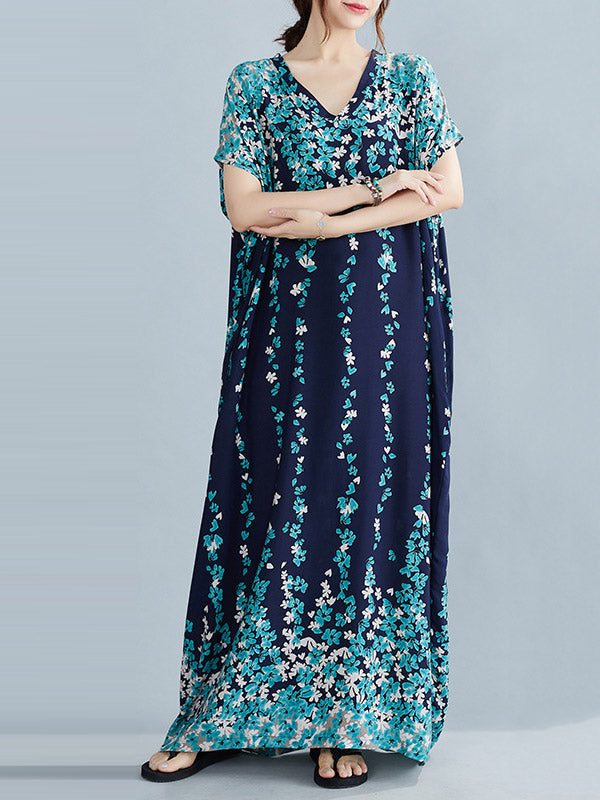 Original Floral Printed Loose V-Neck Batwing Sleeves Maxi Dress