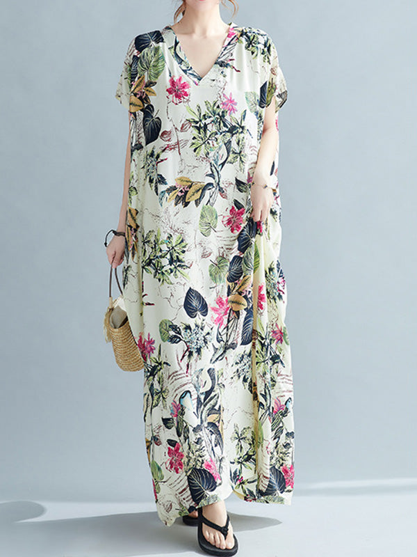 Original Floral Printed Loose Round-Neck Batwing Sleeves Maxi Dress