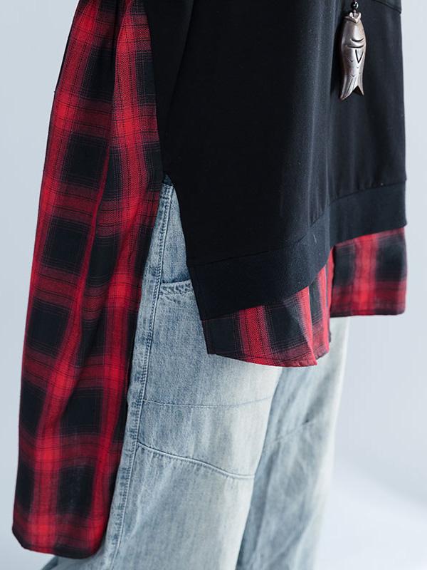 Loose Oversize Split-joint Plaid Sweatshirt