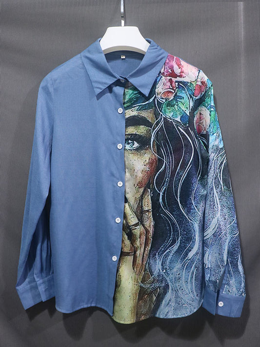 Stylish Asymmetric Floral Printed Lapel Long Sleeves Blouse Tops