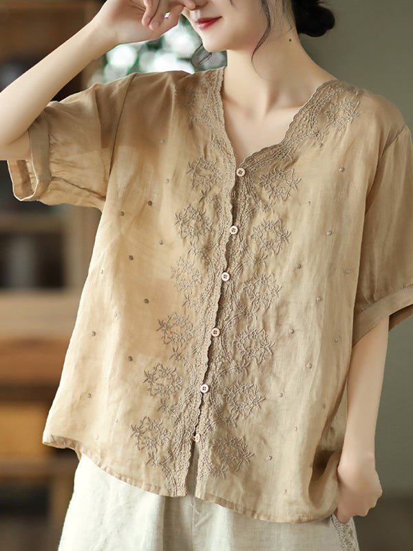 Artistic Retro Loose Solid Color Ramie Cotton Embroidered Blouse