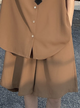 Cool Chic Loose Split-Joint Solid Color With Tie Lapel Collar Half Sleeves Blouse&Pleated Wide Legs Shorts 2 Pieces Set