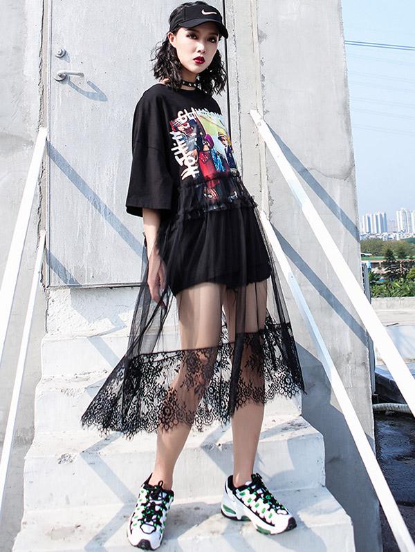 Cartoon Mesh Split-joint Printed Dress