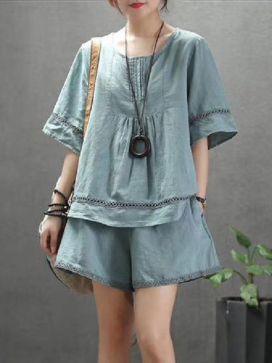 Ruffled Hollow Shirt + Solid Wide Leg Shorts Suit