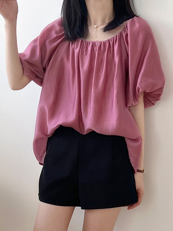 Urban Loose Solid Color Puff Sleeves Off-The-Shoulder T-Shirt