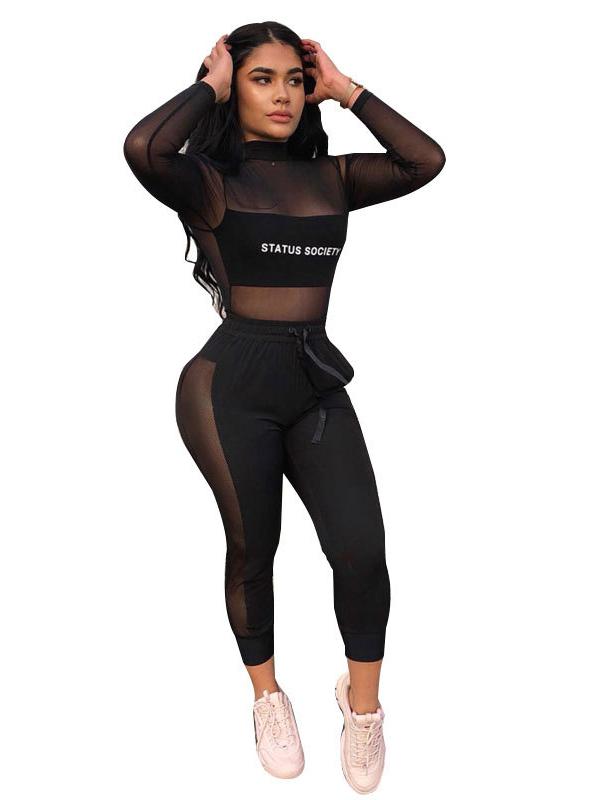 Letter Printed Mesh Tees And Leggings Suits