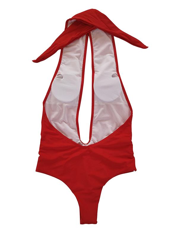 Halter-neck Solid Hollow One-piece Swimwear