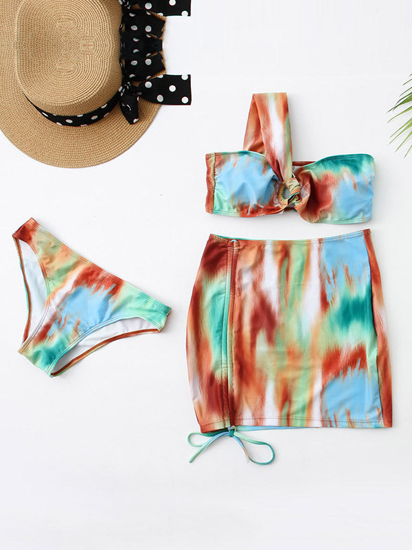 One-Shoulder Tie-Dyed Bikini Swimwear+ Drawstring Cover-Ups Skirt Three-Pieces Set