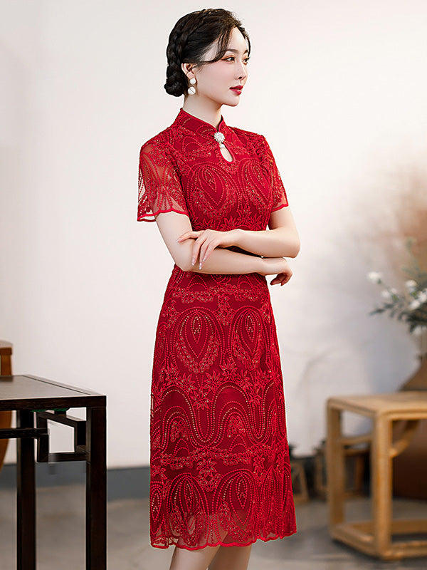 Gauze Lace Hollow Stand Collar Short Sleeves Wedding Cheongsam