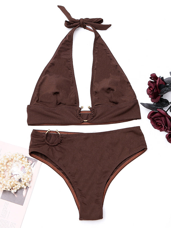 Brown Hollow Halterneck High-Waisted Bikini Swimsuit