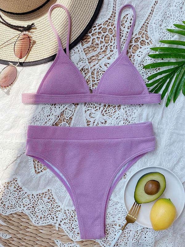 Solid Color Triangles Empire Split Bikini Swimsuit