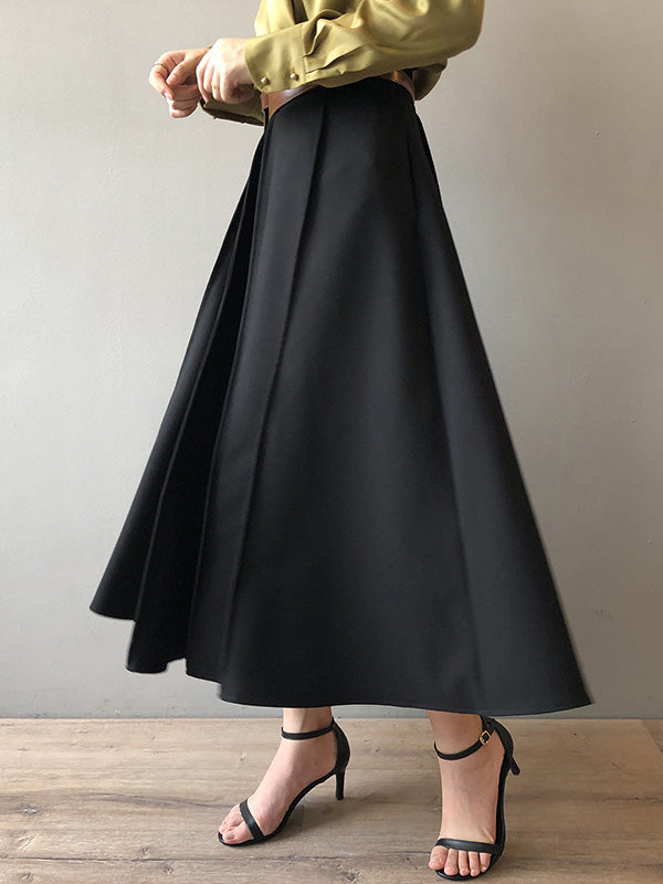 Simple Loose Solid Color Pleated A-Line High-Waist Long Skirt