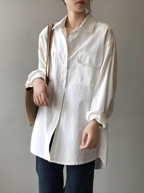 Causal Simple Solid Color Split-Joint With Pocket Buttoned Lapel Collar Long Sleeves Blouse