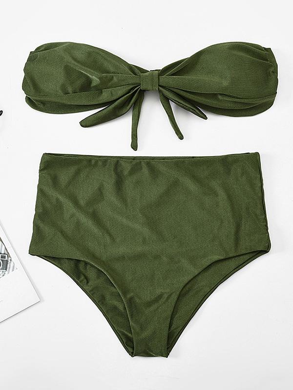 Armygreen Bandeau Knotted Split Bikini Swimsuit