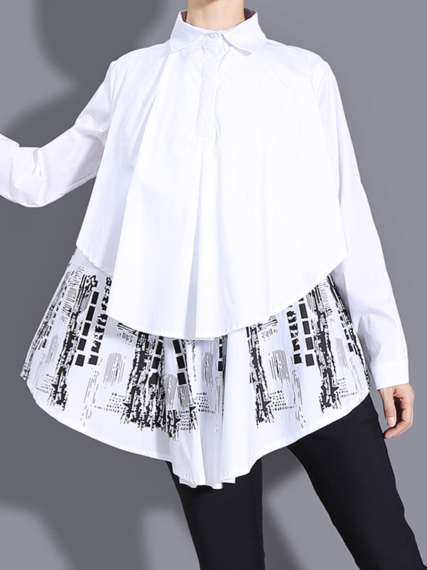 Original Irregular Printed Split-Joint Lapel Collar Long Sleeves Shirt