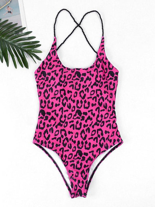 Sexy Leopard Print Spaghetti-Neck One-Piece Swimwear