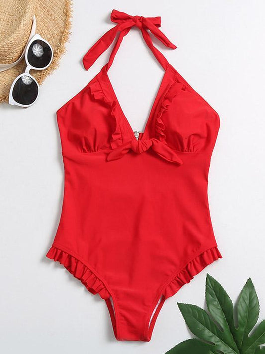 V-Neck Ruffled Bandage One-Piece Swimsuit