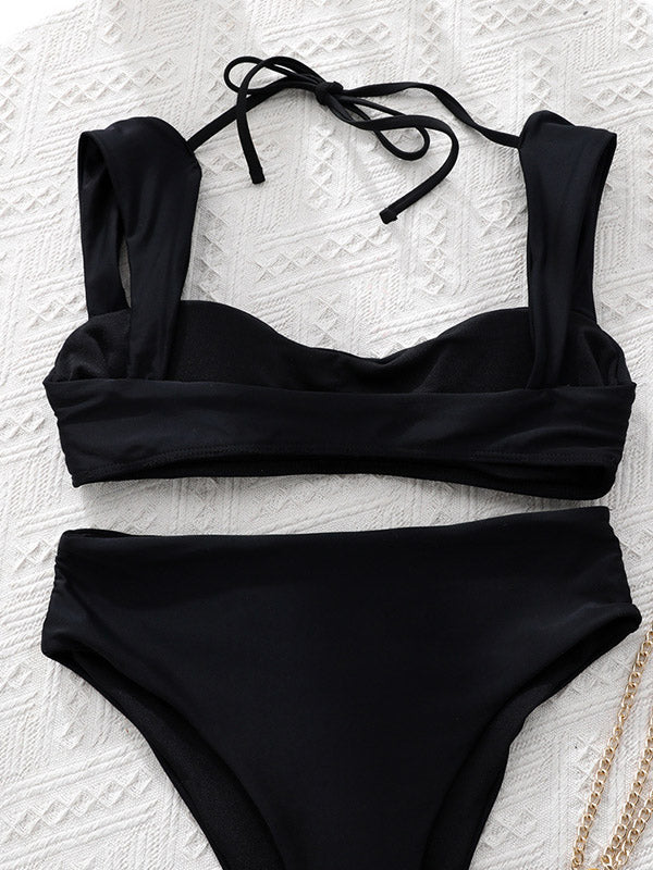 Solid Color Padded Chains High-Waisted Bikini Swimwear