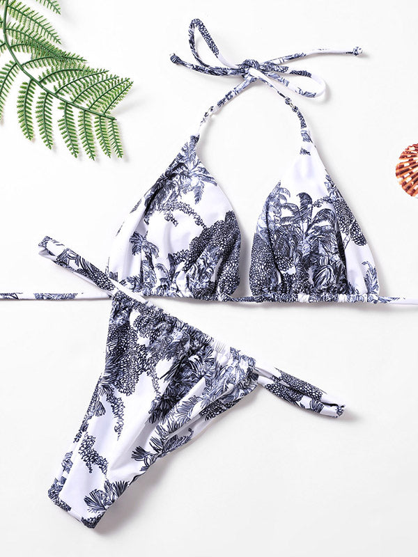 Triangle Floral Printed Ink-Style Backless Bikini Swimwear