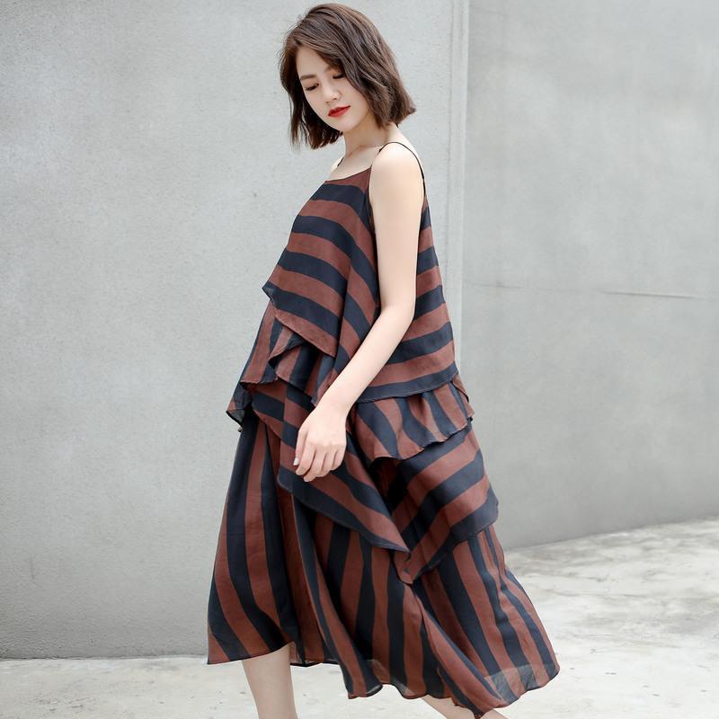 Cotton Vintage Striped Loose Slip Dresses