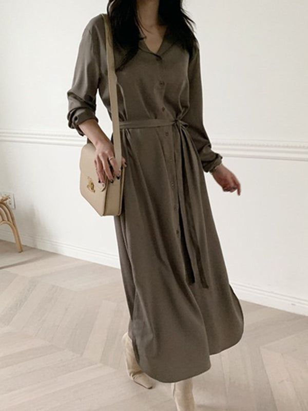 Urban Solid Color Elasticity Waist Long Sleeve Shirt Dress