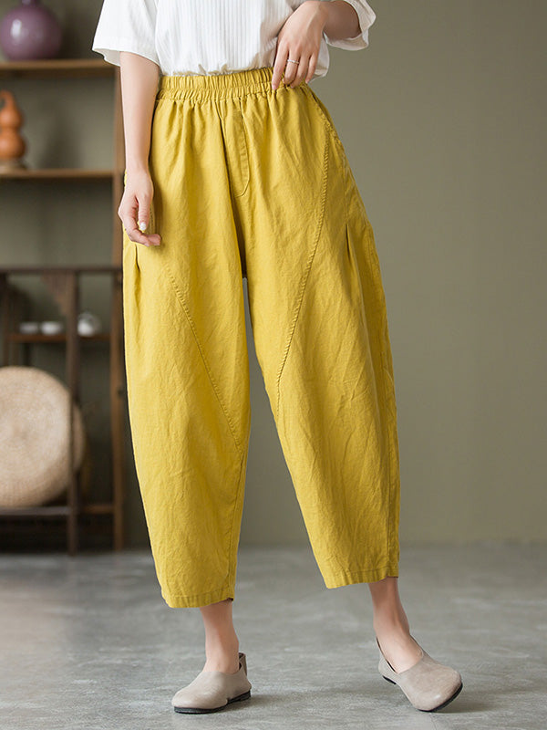 Simple Loose Linen Solid Color Split-Joint Pleated Drawstring Casual Pants