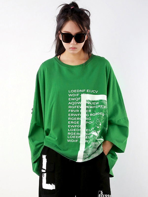 Casual Long Sleeves Loose Letter Print Round-Neck T-Shirts Tops