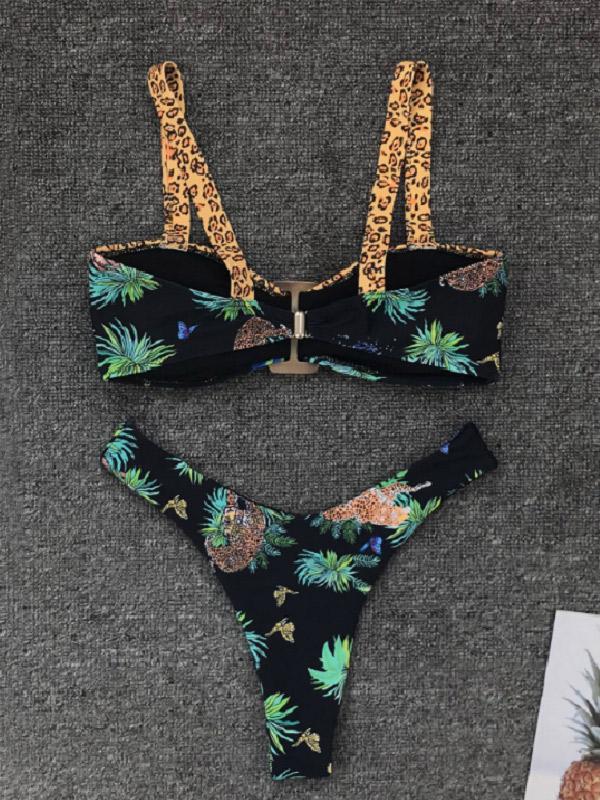 Sexy Leopard Print Square Buckle Spaghetti-Neck Bikini Swimwear