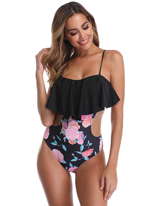 Sexy Strapless Hollow Flounces One-Piece Swimwear