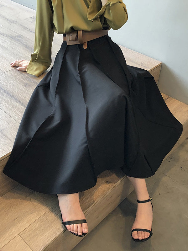 Simple Loose Solid Color Pleated A-Line High-Waist Long Skirt