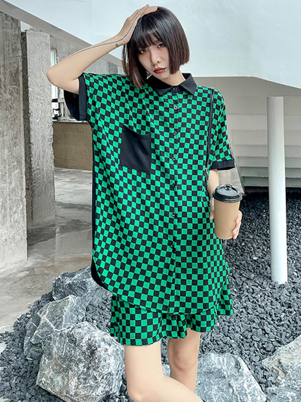 Stylish Plaid Buttoned Lapel Short Sleeves Loose Two Pieces Set