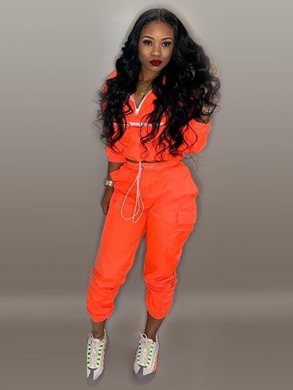 Zipper Crop Sweatershirt And Track Pants Suits