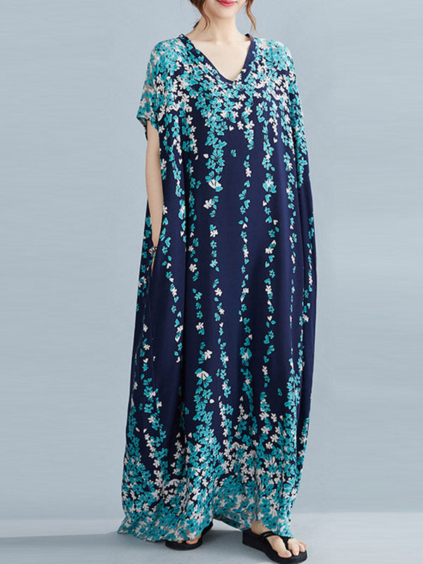 Original Floral Printed Loose V-Neck Batwing Sleeves Maxi Dress