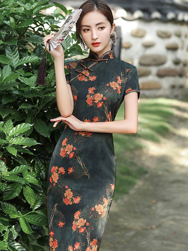 Vintage Silk Split-Side Floral Printed Stand Collar Short Sleeves Cheongsams