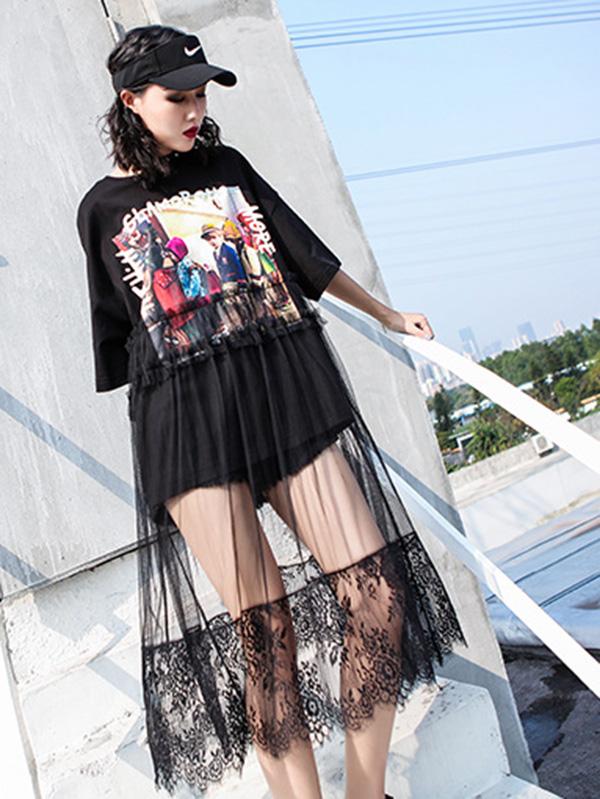 Cartoon Mesh Split-joint Printed Dress