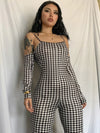 Long Sleeves Houndstooth Off-The-Shoulder Jumpsuits