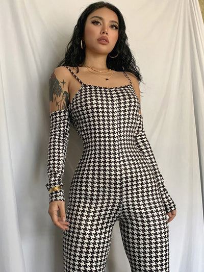 Long Sleeves Houndstooth Off-The-Shoulder Jumpsuits