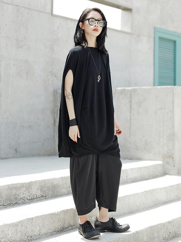 Loose Cloak Black Long T-shirt