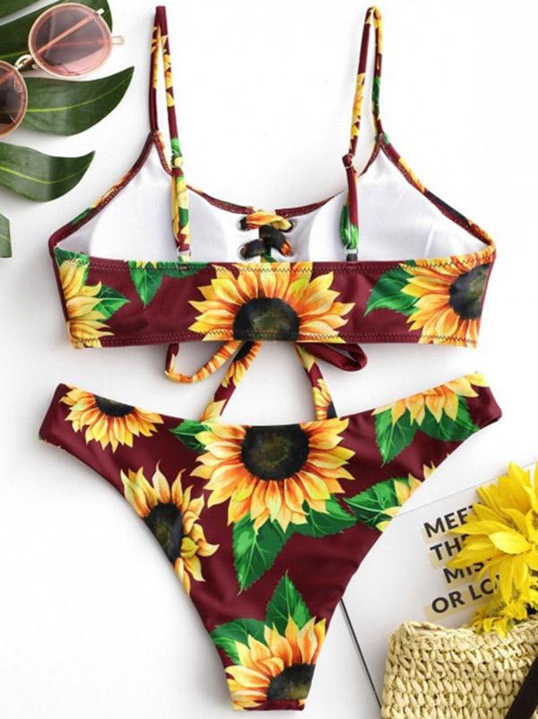 Floral-Print Bandage Split Bikini Swimsuit