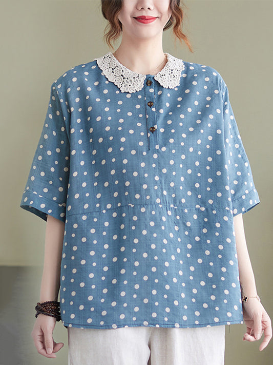 Artistic Retro Loose Polka-Dot Hollow Lace Peter Pan Collar Blouse