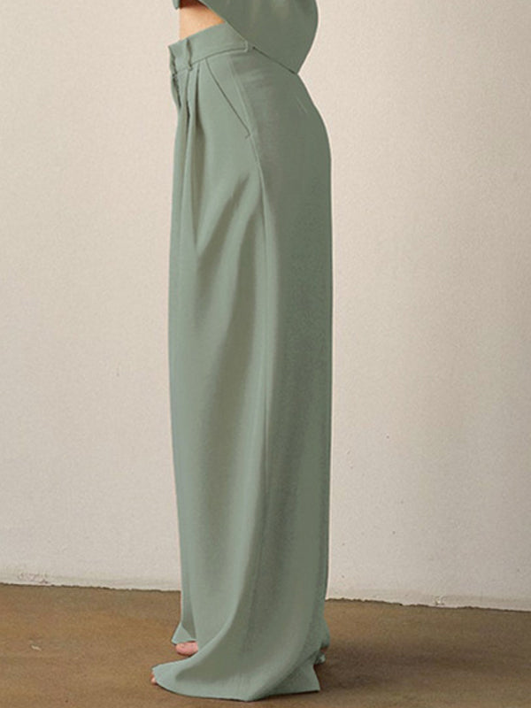 Casual Solid Color Round-Neck Long Sleeves T-Shirt+Wide Leg Pants 2 Pieces Set