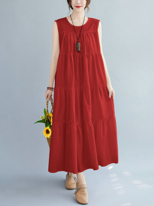 Simple Casual Loose Artistic Retro Pleated Solid Color Midi Dress