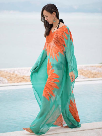 Sunflower Pattern Loose Plus Size Beach Cover-ups