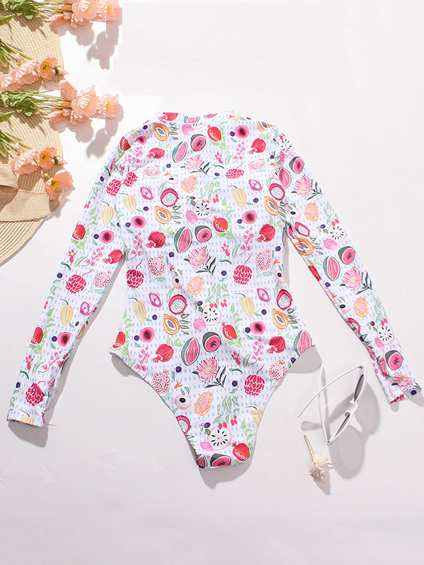 Long Sleeve Printed Zipper One-Piece Wetsuit Swimwear