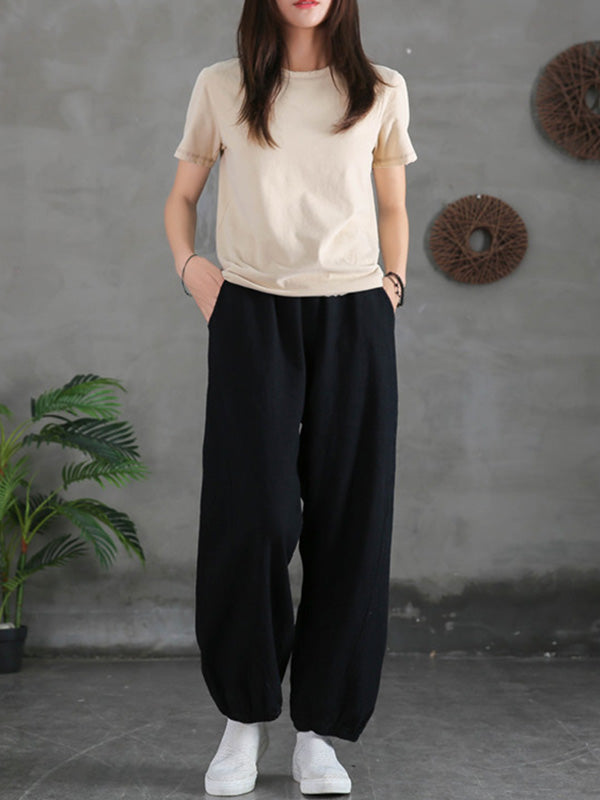 Simple Casual Loose Linen 7 Colors Color Pleated Elasticity Knickerbockers