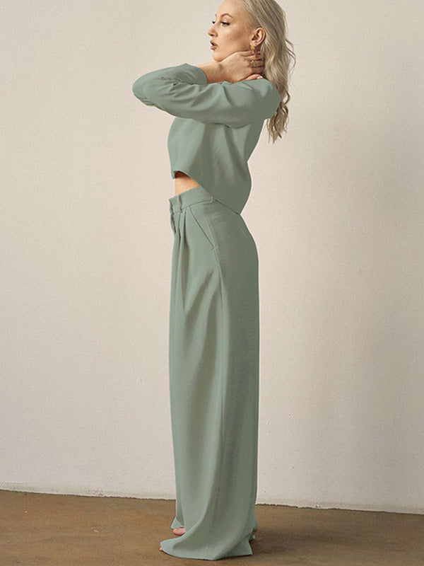 Casual Solid Color Round-Neck Long Sleeves T-Shirt+Wide Leg Pants 2 Pieces Set