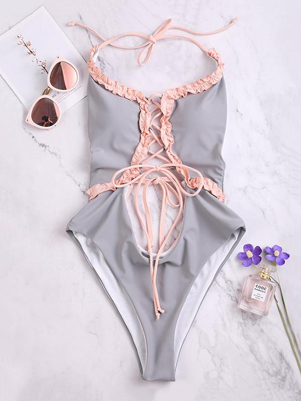 Falbala Lace-Up Backless One Piece Swimwear