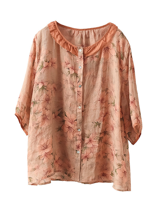 Vintage Artistic Retro Loose Floral Printed Pleated Ramie Cotton Blouse