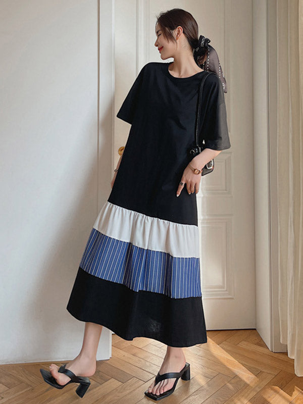 Original Split-Joint Round-Neck Short Sleeve Midi Dress