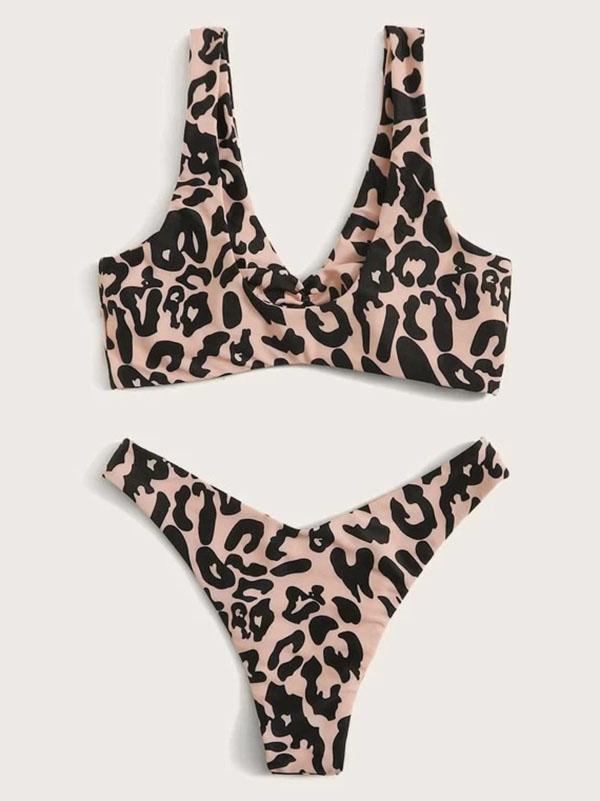 Leopard Print Folded Split Bikini Swimsuit